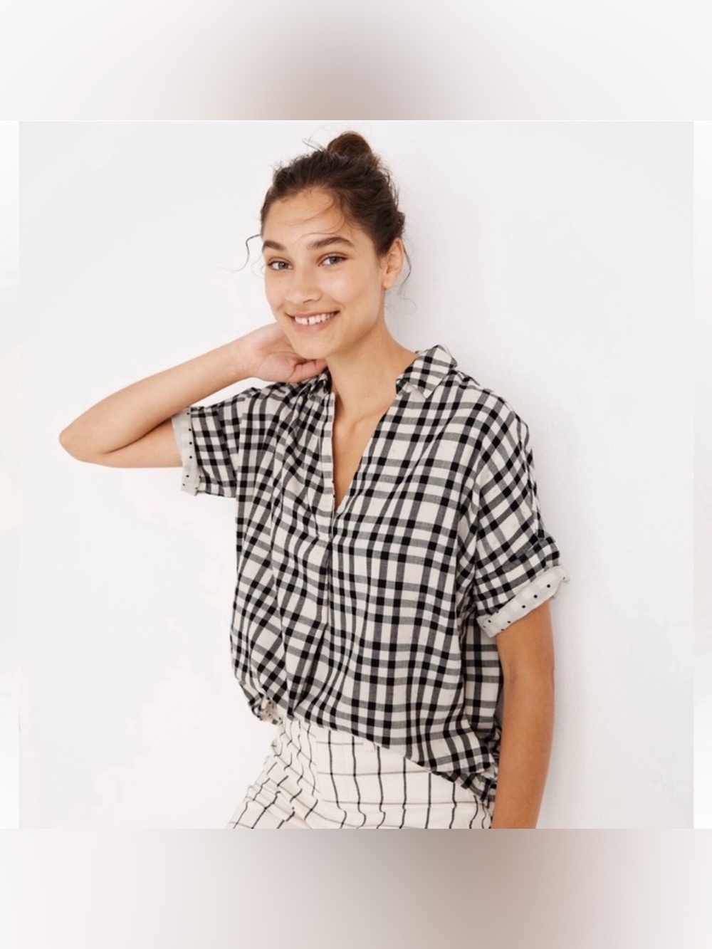Madewell Black & White Plaid Collared Short-Sleeve Top with Back Buttons